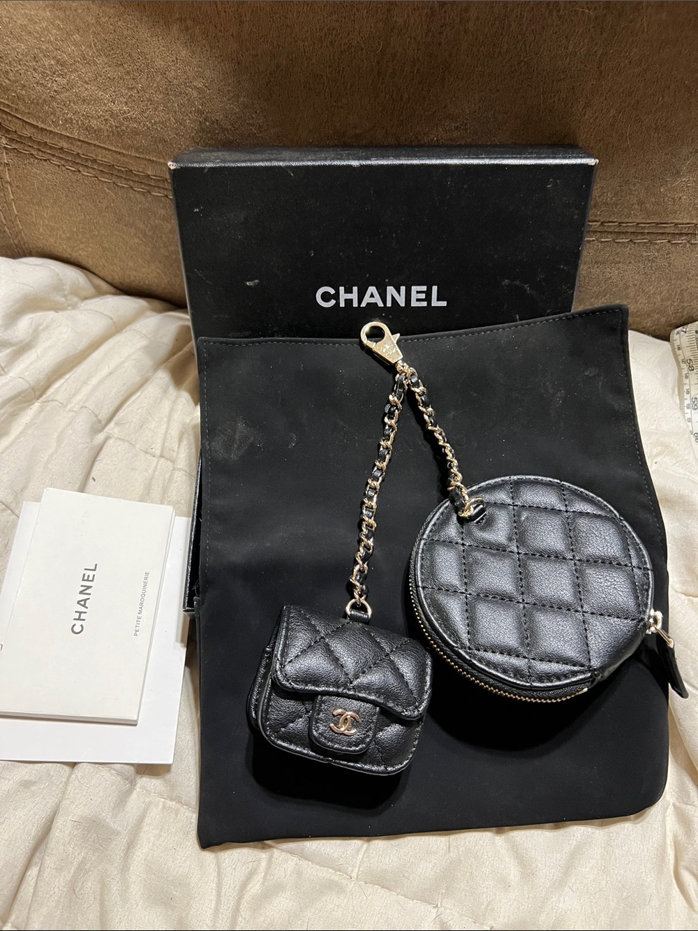 CHANEL Black Quilted Leather Mini Coin Purse and Mini Pouch Keychain (GWP)